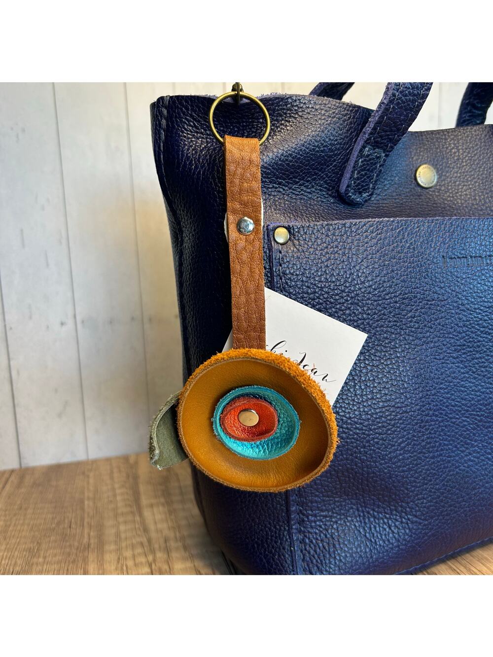 Genuine Leather Purse Charm Orange Blue Tan Flower Keychain Accessory